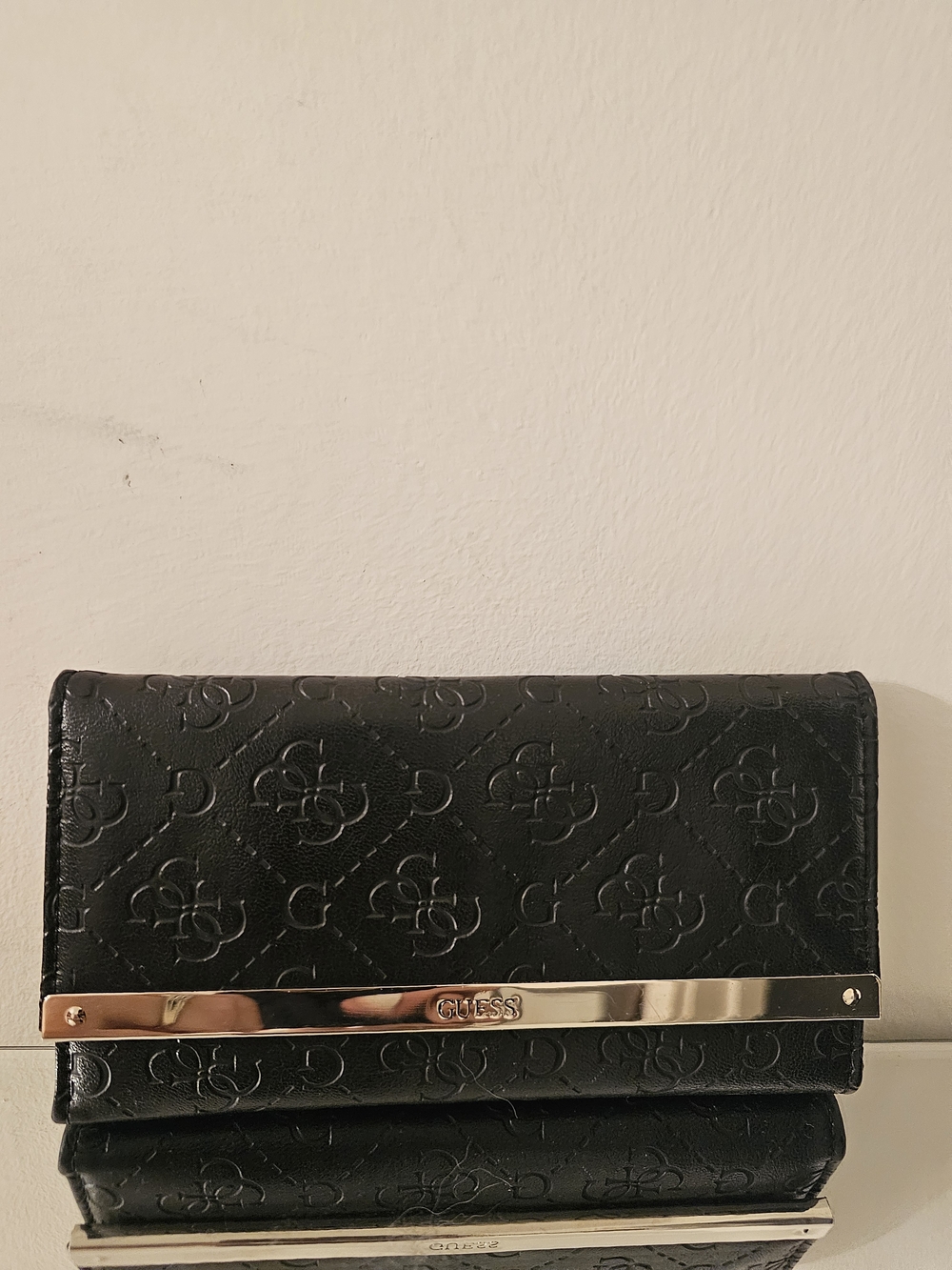 GUESS Black Quilted Logo Clutch with Gold Accent